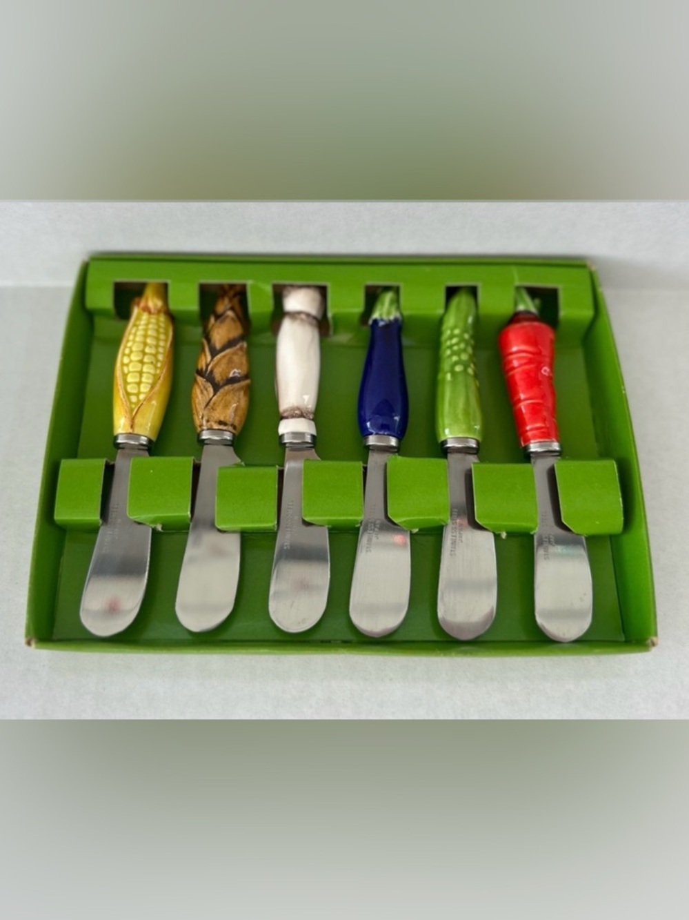 Vintage Stainless Steel Cheese Spreaders With Ceramic Vegetable Handle